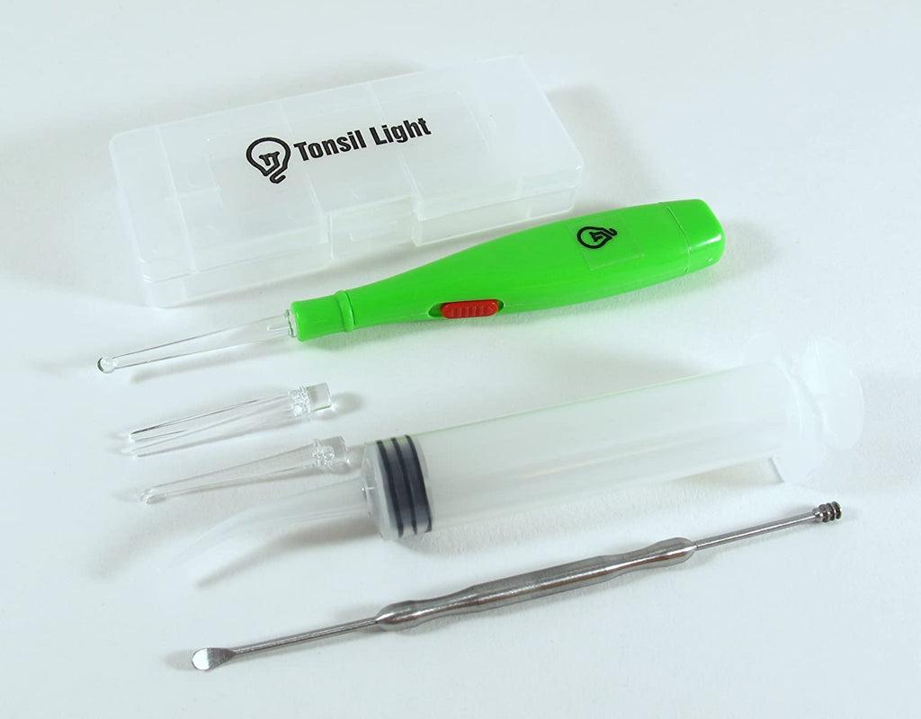 Pack Of 3 Tonsil Light (Green) - Tonsil Stone Remover + Irrigation Syringe + Premium Stainless Steel Tool